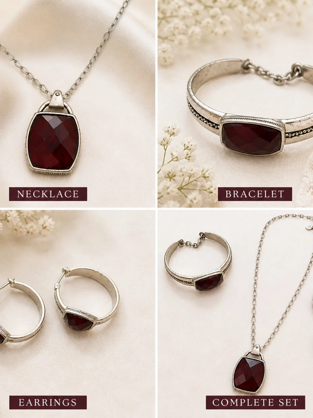 Red Stone Jewelry Set Necklace Bracelet Earrings Silver Tone